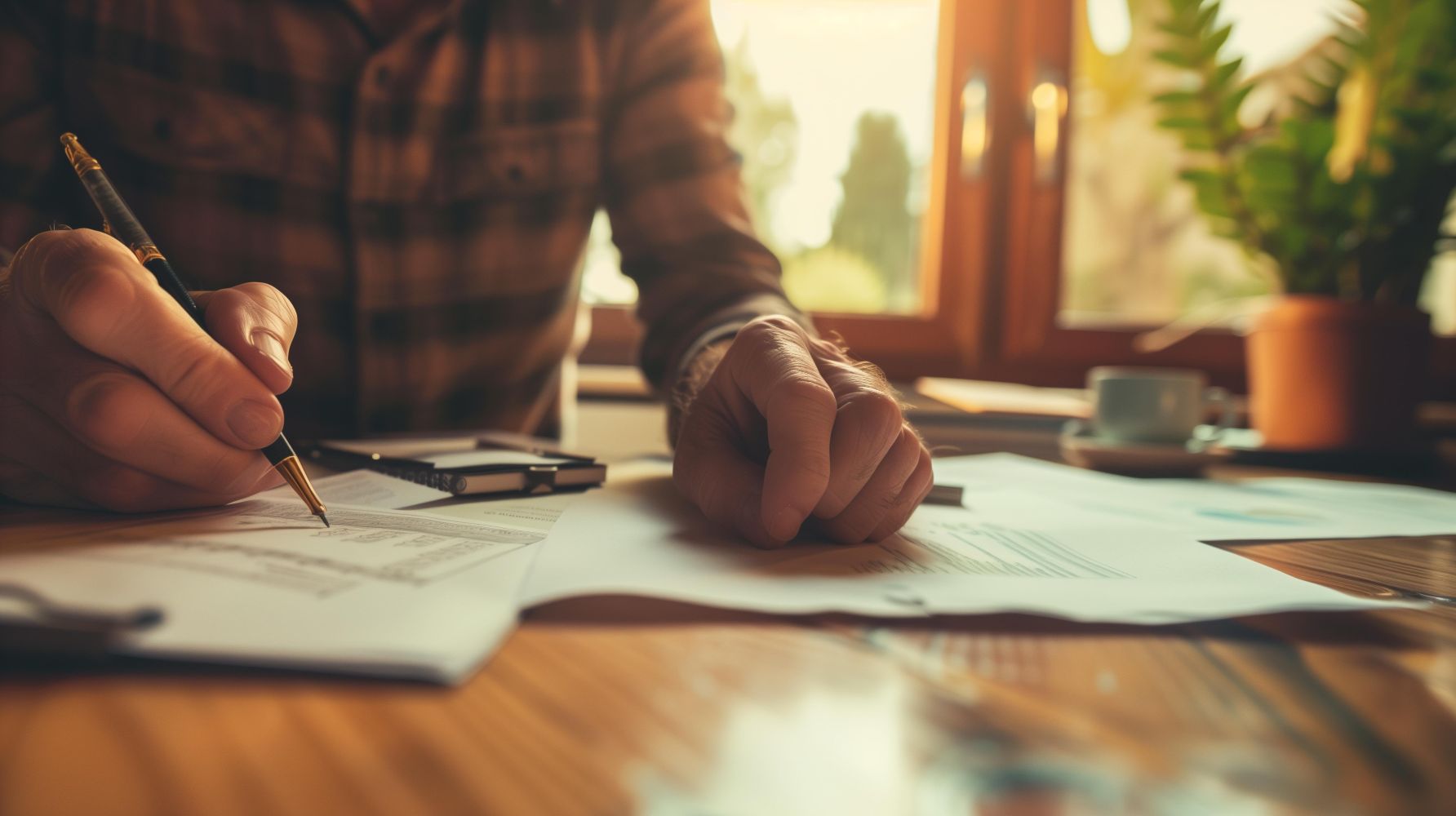 Closeup of the hands of a senior man reviewing financial documents at his home office.